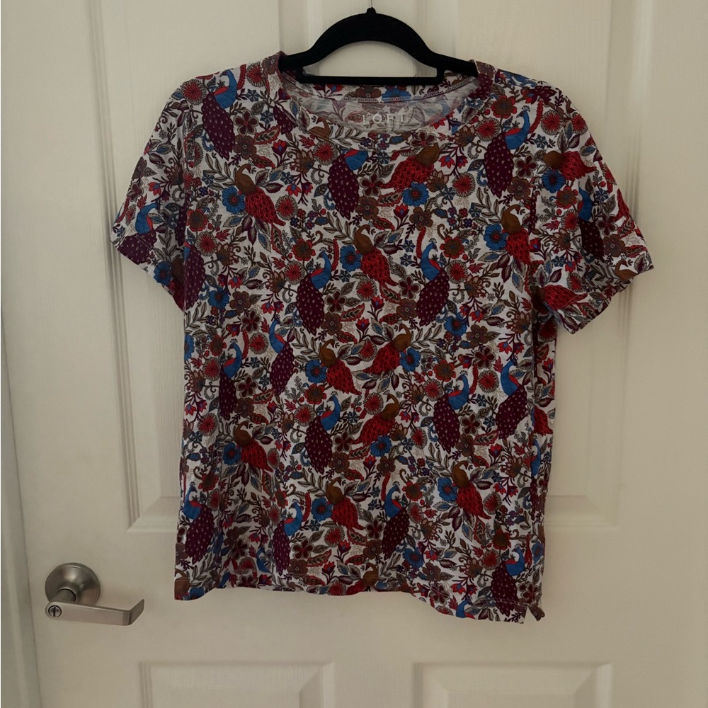 LOFT Multicolor Floral and Peacock Print Short Sleeve Tee